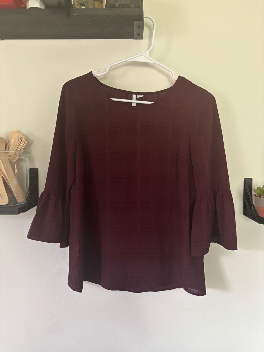 ELLE Burgundy Tonal Plaid Bell Sleeve Blouse XS